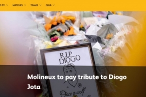 狼队对塞尔塔、曼城赛前将纪念若塔及其兄弟，将展示横幅献花环等