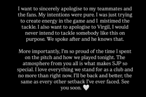 戈登社媒谈染红：我要向范迪克道歉，我绝对不会故意这样铲人