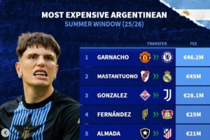 今夏阿根廷球员转会费榜：加纳乔压马斯坦托诺居首，阿尔马达在列