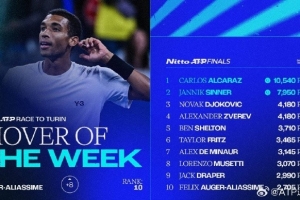 ATP年终总决赛积分：辛纳、阿卡锁定席位，德约科维奇暂列第三