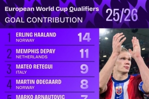 本届欧洲世预赛参与进球榜：哈兰德14球居首，德佩11球次席