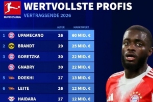 合同将到期的德甲球员身价榜：于帕6千万欧，布兰特、磁卡在列