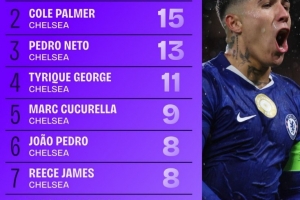 切尔西2025年各项赛事参与进球榜：恩佐20球居首，帕尔默次席