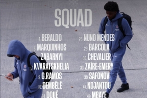 巴黎客战洛里昂大名单：登贝莱领衔锋线，马尔基尼奥斯坐镇后防